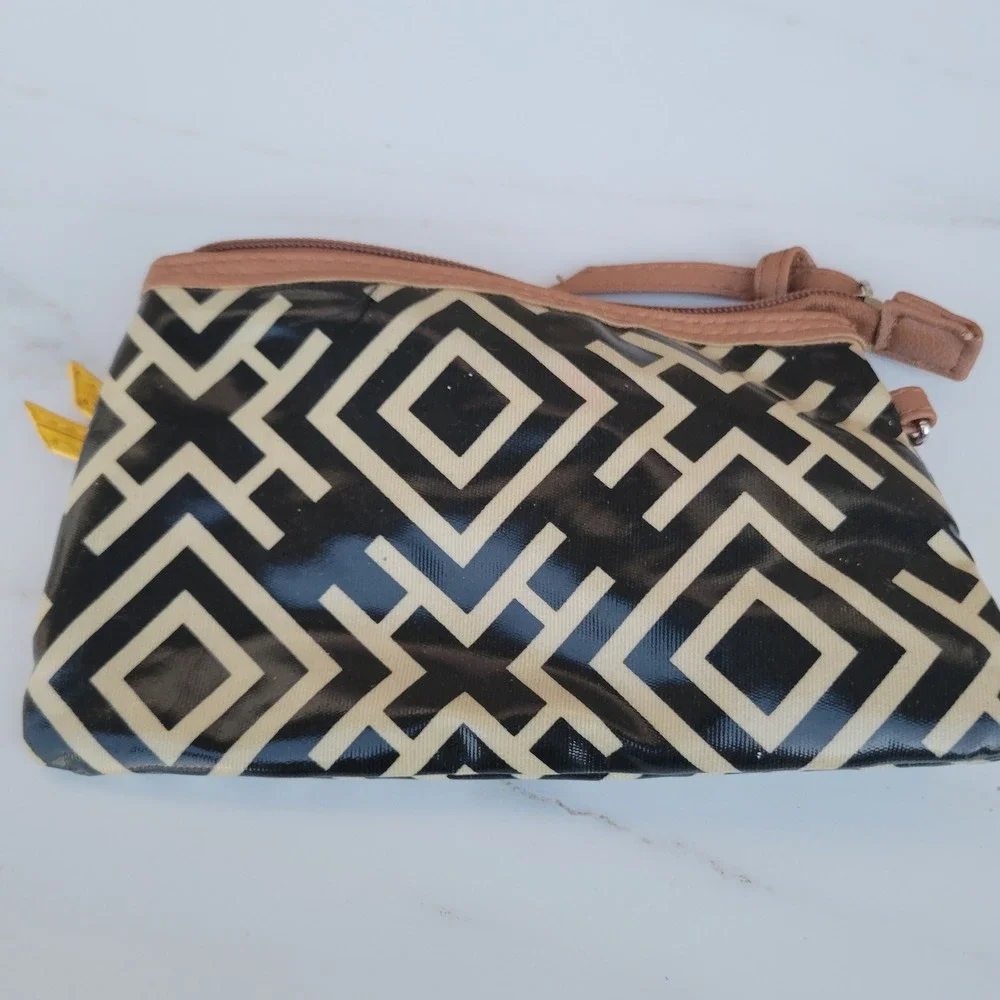 Geometric Coated Canvas Zipper Pouch Black Yellow Tribal‎ Pattern Makeup Bag